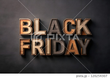 The words BLACK FRIDAY made of wooden letters laid out on a black background 120254307