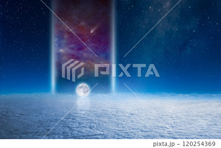 Amazing fantastic image: huge teleport to another galaxy, full moon with reflection, aerial view of clouds covering planet, comet in outer space. Amazing fantastic image: huge teleport to another galaxy, full moon with reflection, aerial view of clouds covering planet, comet in outer space. 120254369