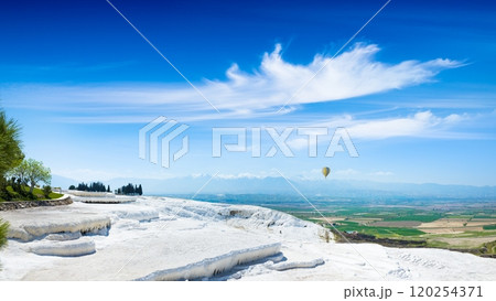 Amazing white travertine terrace formations in Pamukkale, Denizli Province, southwestern Turkey 120254371