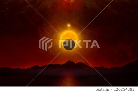 Apocalyptic dramatic image, doomsday event concept. Glowing full moon and planet Nibiru in dark red sky above black mountains and sea. Apocalyptic dramatic image, doomsday event concept. Glowing full moon and planet Nibiru in dark red sky above black mountains and sea. 120254383