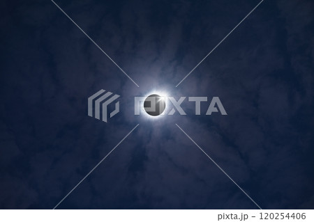 Total solar eclipse in dark blue sky 120254406