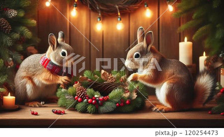 スやうさぎが協力してクリスマスリースを作っている 120254473