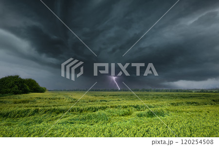 Dramatic thunderstorm over vibrant green field Dramatic thunderstorm over vibrant green field 120254508