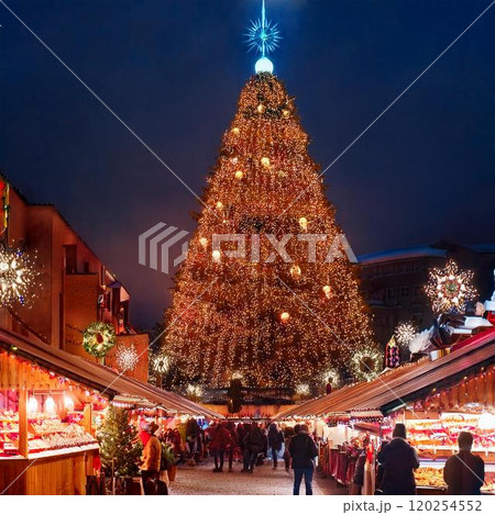 ホリデーシーズンの夜、ヨーロッパ風のクリスマスマーケットの賑やかな光景 120254552
