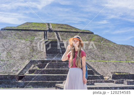 Female tourist exploring Teotihuacan, Mexico. Cultural heritage, ancient ruins, and archaeological adventure concept Female tourist exploring Teotihuacan, Mexico. Cultural heritage, ancient ruins, and archaeological adventure concept 120254585
