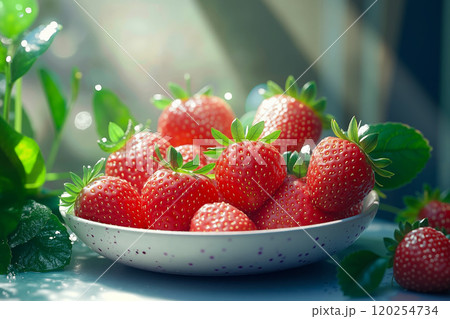 A bowl of strawberries sitting on top of a table 120254734