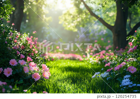 A field of pink and white flowers in the middle of a lush green field 120254735