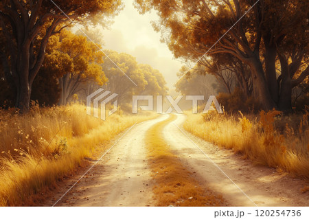 A dirt road in the middle of a grassy field surrounded by trees 120254736