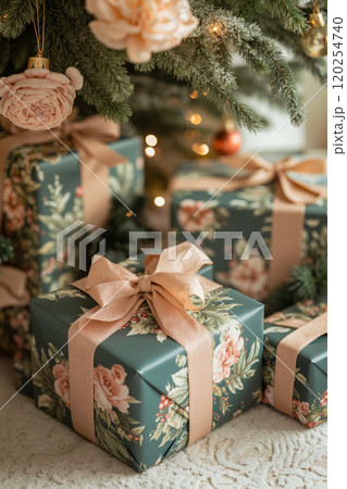 A bunch of wrapped presents under a Christmas tree 120254740