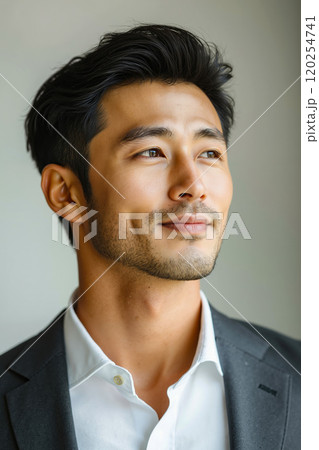 A man in a gray suit and white shirt. 120254741