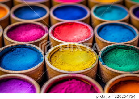 A bunch of colorful powders in wooden containers on a table A bunch of colorful powders in wooden containers on a table 120254754