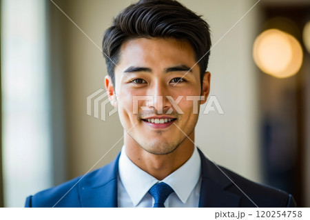 A man in a blue suit and tie smiles at the camera. 120254758