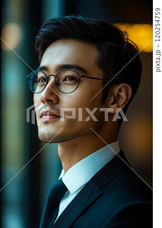 A man in glasses and a suit looking to the side 120254759