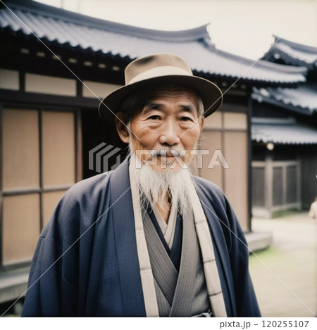 A senior man 70 years old wearing traditional Japanese clothing, showing a sense of pride and heritage in a serene courtyard with wooden buildings. An elderly resident of Japan. Generative AI 120255107