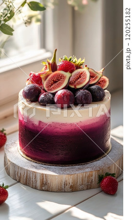 Elegant layered cake topped with figs and cherries on a rustic wooden stand 120255182