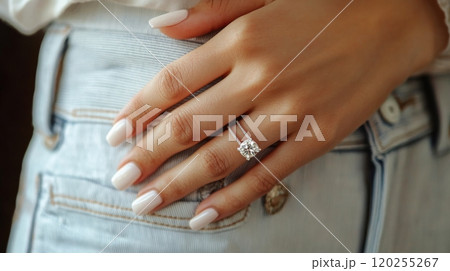 Elegant diamond ring on a womans hand with neutral colored manicure in natural light Elegant diamond ring on a womans hand with neutral colored manicure in natural light 120255267