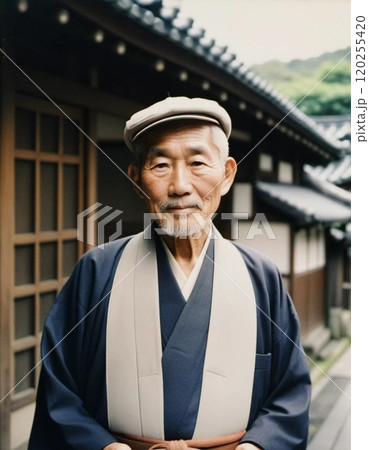 A senior man 70 years old wearing traditional Japanese clothing, showing a sense of pride and heritage in a serene courtyard with wooden buildings. An elderly resident of Japan. Generative AI 120255420