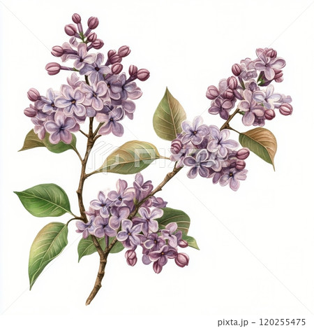Delicate lilac branches with leaves arranged beautifully on a light background in springtime Delicate lilac branches with leaves arranged beautifully on a light background in springtime 120255475