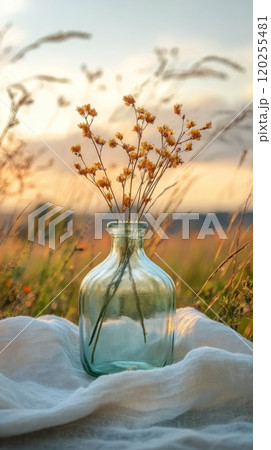 A rustic glass vase holds delicate yellow flowers in a sunlit field at sunset 120255481