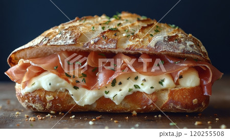 Freshly made sandwich with ham and creamy spread on artisan bread in a dimly lit kitchen 120255508