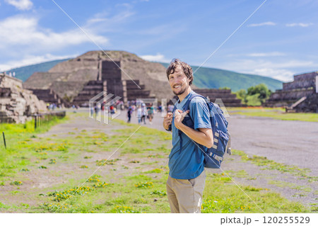 Male tourist exploring Teotihuacan, Mexico. Cultural heritage, ancient ruins, and archaeological adventure concept Male tourist exploring Teotihuacan, Mexico. Cultural heritage, ancient ruins, and archaeological adventure concept 120255529