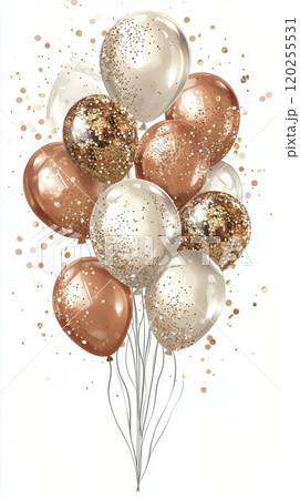 A cluster of glittering gold and silver balloons floating in the air at a festive celebration 120255531