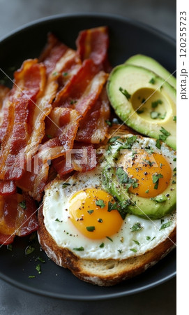 Delicious breakfast featuring avocado toast with eggs and crispy bacon on a dark plate 120255723