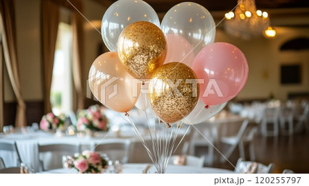 Colorful balloons with gold accents decorate an elegant banquet table for a special celebration Colorful balloons with gold accents decorate an elegant banquet table for a special celebration 120255797