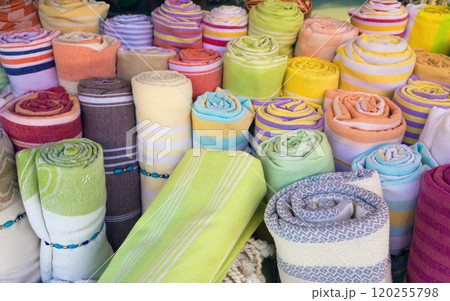 Colorful rolls of fabric on display at market in Istanbul, Turkey 120255798