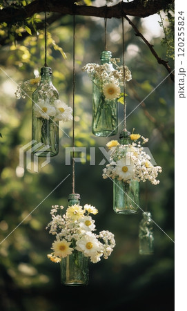 Hanging glass bottles filled with flowers adorn a tree in a lush green garden during daylight hours 120255824