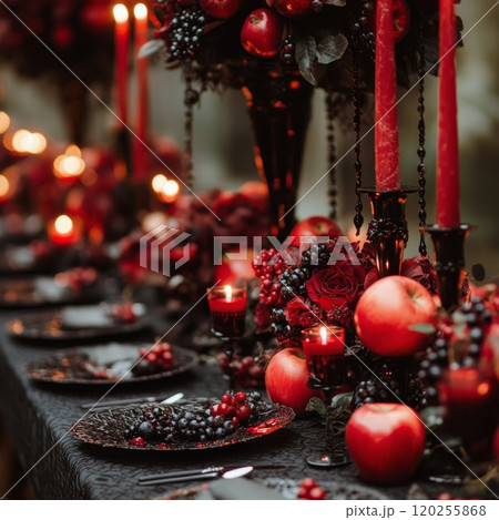 Elegant autumn dinner table setting with apples, red candles, and dark floral arrangements 120255868