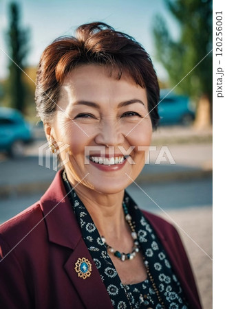 A cheerful woman 50 years old is enjoying a sunny afternoon in a park, showcasing her radiant smile and elegant pearl earrings as she embraces the moment. A resident of Kazakhstan. AI generated. 120256001