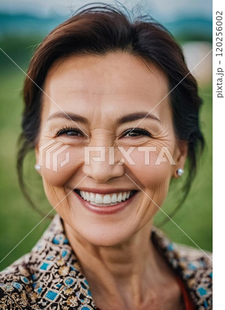 A cheerful woman 50 years old is enjoying a sunny afternoon in a park, showcasing her radiant smile and elegant pearl earrings as she embraces the moment. A resident of Kazakhstan. AI generated. 120256002