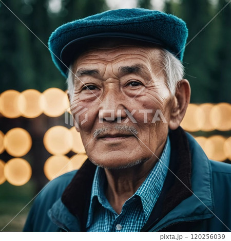 An older gentleman 75 years old gazes warmly at the camera, showcasing the lines of a life well-lived. He is dressed in a cap and coat, set against a blurred background during the day. Generative AI 120256039