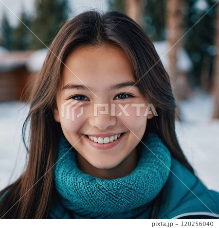 A cheerful young girl with long hair is smiling warmly, showcasing her happiness. Portrait of a pretty cheerful brunette girl, 15 years old, resident of Kazakhstan. Generative AI 120256040