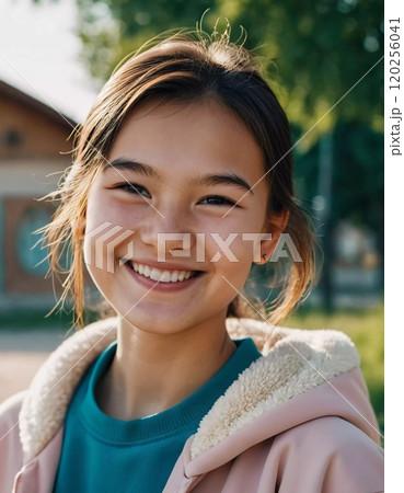 A cheerful young girl with long hair is smiling warmly, showcasing her happiness. Portrait of a pretty cheerful brunette girl, 15 years old, resident of Kazakhstan. Generative AI 120256041