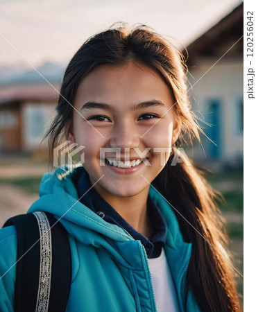 A cheerful young girl with long hair is smiling warmly, showcasing her happiness. Portrait of a pretty cheerful brunette girl, 15 years old, resident of Kazakhstan. Generative AI 120256042
