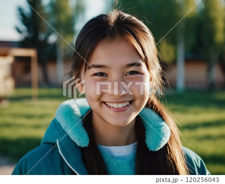 A cheerful young girl with long hair is smiling warmly, showcasing her happiness. Portrait of a pretty cheerful brunette girl, 15 years old, resident of Kazakhstan. Generative AI 120256043