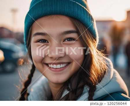 A cheerful young girl with long hair is smiling warmly, showcasing her happiness. Portrait of a pretty cheerful brunette girl, 15 years old, resident of Kazakhstan. Generative AI 120256044