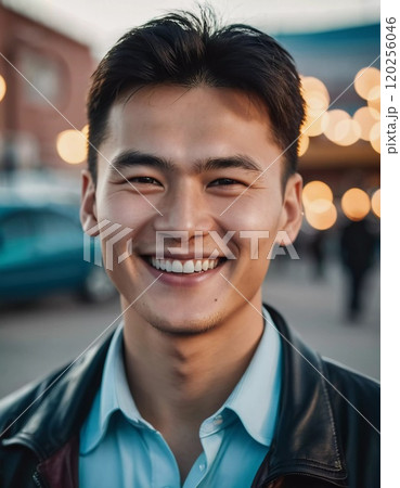 A young man 25 years old with a bright smile stands outdoors, surrounded by lively activity. A resident of Kazakhstan, cute man of 25 years old. A grown man, confident in his abilities. AI generated 120256046