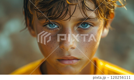 Close-up of the face of a sad child. 120256111