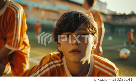 Football training. The boy is a young football player. 120256141