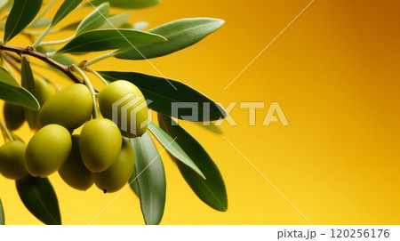 Olive branch with fruits. Yellow background. 120256176