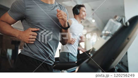 Men, hands and running with treadmill at gym for cardio exercise, workout or training. Active, male people or runner with watch or machine for fitness, wellness or endurance at indoor health club 120256249