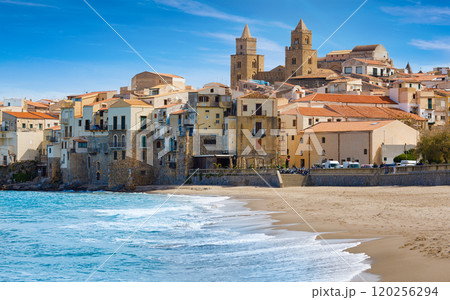 Scenic view of Cefalu, Tyrrhenian coast of Sicily, Italy 120256294