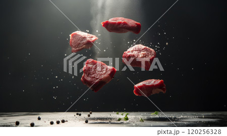 Appetizing marbled beef steaks on a black background. Appetizing marbled beef steaks on a black background. 120256328