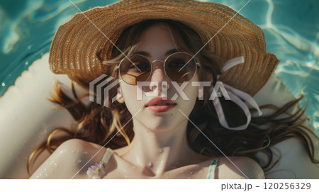Young woman wearing sunglasses and a straw hat. 120256329