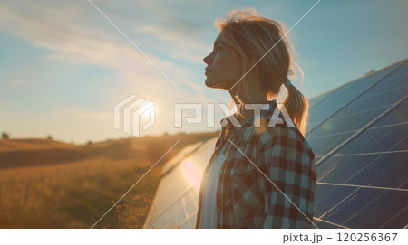 A young girl in the middle of a field next to solar panels. 120256367