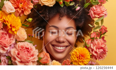 Cheerful girl surrounded by flowers 120256444