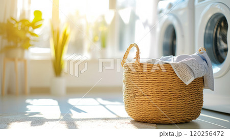 Wicker basket with laundry. 120256472